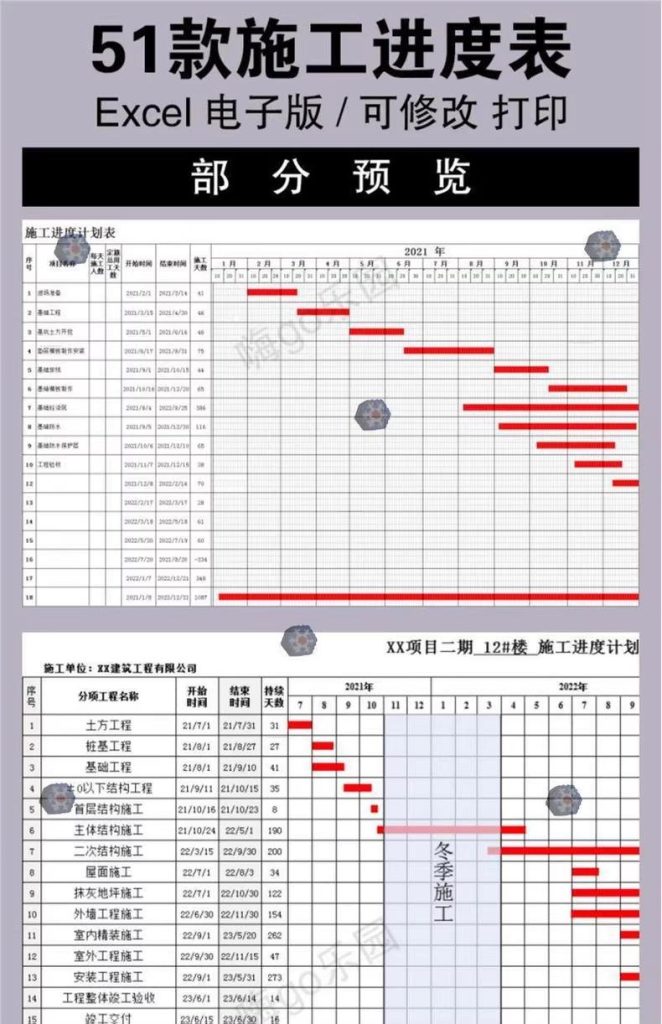 excel横道图施工进度计画条形表建筑室内装修工程专案自动网路图_秘匣阁